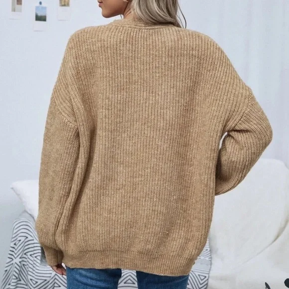 Soft knit drop shoulder oversized cardigan sweater tan - Picture 2 of 16